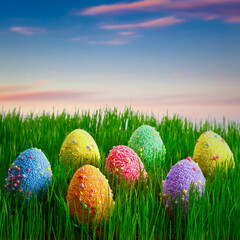 Colorful Easter eggs in the grass on blue sky background