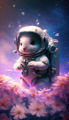 A cute baby rabbit astronaut in space with floral and space background. Generative AI technology.