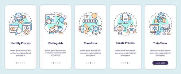 How can you use SMED onboarding mobile app screen. Process improvement walkthrough 5 steps editable graphic instructions with linear concepts. UI, UX, GUI template. Myriad Pro-Bold, Regular fonts used