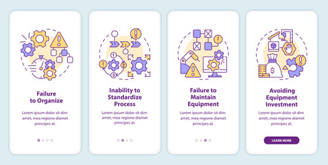 SMED pitfalls to avoid onboarding mobile app screen. Lean business walkthrough 4 steps editable graphic instructions with linear concepts. UI, UX, GUI template. Myriad Pro-Bold, Regular fonts used