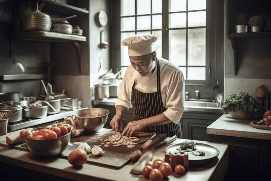 Asian older man wears apron breakfast cooking in kitchen. Generative AI.