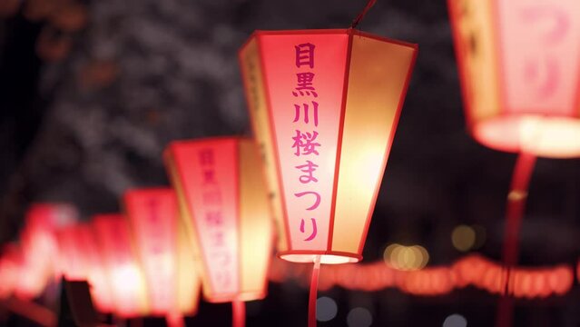 桜咲く目黒川の夜景・柔らかな灯りを灯す目黒川桜まつりの提灯（2023年3月）