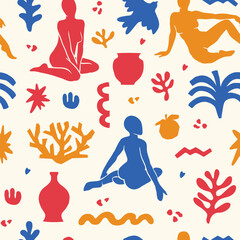 Vector seamless pattern with trendy aesthetic elements inspired by modern minimal cut out style. Geometric shapes, flowers, plants, female figures for print, cover, wall art, poster, collage