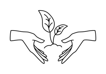 Vector linear icon - human hand holding growing plant isolated on white background. Concept emblem or logo design of ecology, eco friendly, green world, recycling. Editable stroke