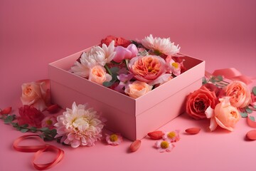Obraz na płótnie Canvas Blooming Love: Colorful Flowers in Pink Gift Box for Mother's Day, Generative AI