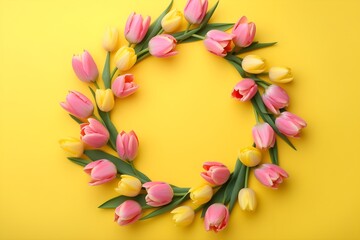 Fototapeta na wymiar Mother's Day Text Place Mockup Surrounded by Tulips in Circle Shape, AI Generated