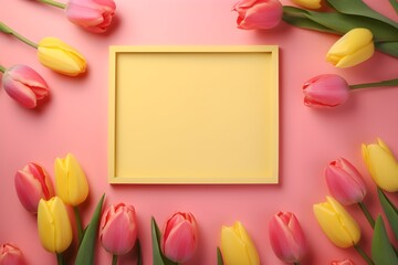 Blank yellow card surrounded by colorful tulips on a pink background, Generative AI