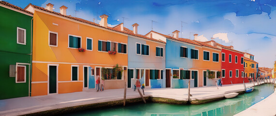 Fototapeta na wymiar Watercolor postcard Venice, view of grand canal and basilica, Gondolas and San Giorgio Maggiore island, Generative AI.