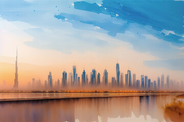 Naklejka premium Panorama of dubai at sunset in the evening, Generative AI.
