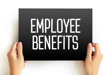 Employee Benefits text on card, concept background