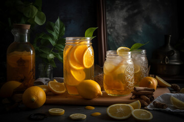 Turmeric and ginger iced tea with honey, generative ai
