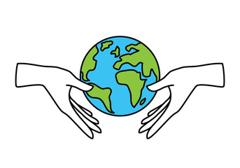 Vector linear icon - human hand holding Earth isolated on white background. Concept emblem or logo design of ecology, nature world protection, eco friendly, green world, recycling. Editable stroke