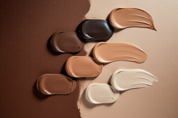 Aesthetic high-end closeup studio image of diverse foundation color swatches for all skin tones