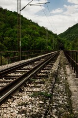 Obraz premium Vertical shot of a railway with a background of green trees