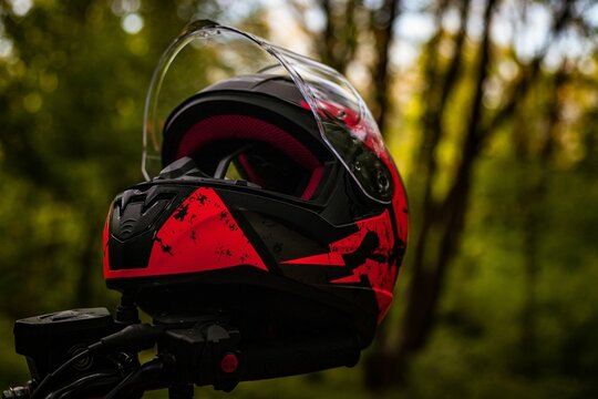 Closeup shot of a red and black helmet for bikes