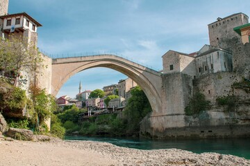 Beautiful architecture of Mostar Old Bridge on river Neretva in Bosnia and Herzegovina