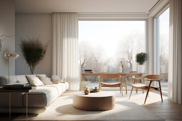 Minimalist modern interior design of a living room. Wooden chairs and cozy sofa. Large window with winter outdoor views. Generative AI.