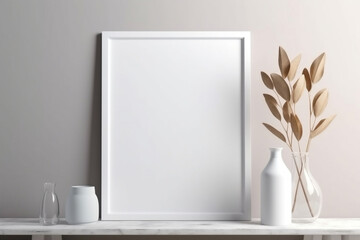 White picture frame mockup on wall in minimalist modern interior. Horizontal artwork template mock up for artwork, painting, photo or poster. Generative AI.