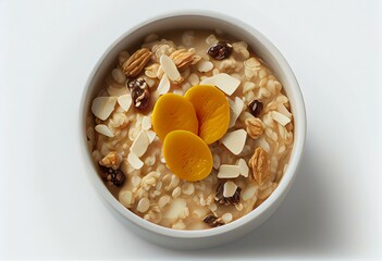 A white background holds a detailed view of oatmeal. Generative AI