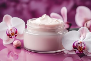 Obraz na płótnie Canvas Cosmetic face cream moisturiser jar on flowers orchid pink background, Generative AI