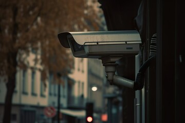 Fototapeta na wymiar CCTV Surveillance camera in city, face detection. Concept collection and use of data on citizens for the purposes of state control. Control over actions