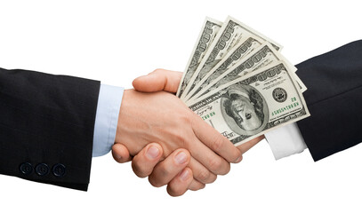 Close-up of business men hands holding money isolated on white background