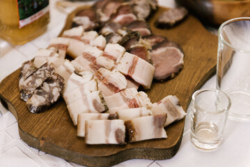 Delicious table of homemade rustic treats lard, meat