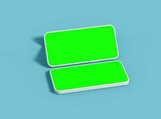Two white Unbranded Smartphone with green screens that can be easily changed. Design for UI/UX Product Showcase. 3D Render