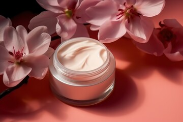 Obraz na płótnie Canvas Cosmetic face cream moisturiser jar on flowers pink background, Generative AI