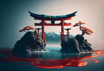 Gradual gradient landscape with watery torii gate. Generative AI - obrazy, fototapety, plakaty