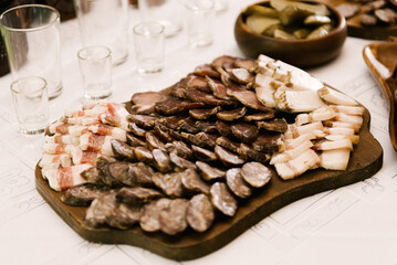 Delicious table of homemade rustic treats lard, meat