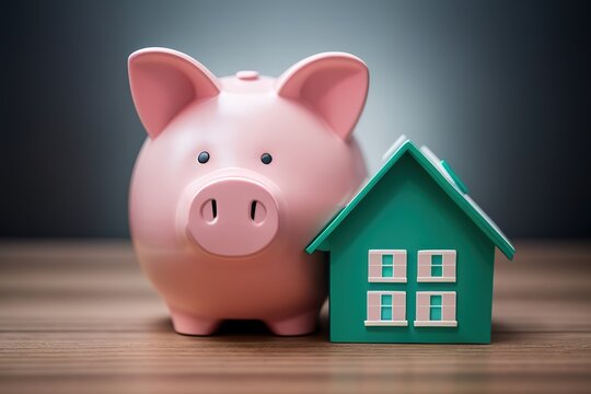 Piggy bank with house miniature, mortgage accumulation concept. Generative AI.