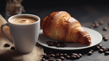 Morning cup coffee and fresh croissant. Generative AI