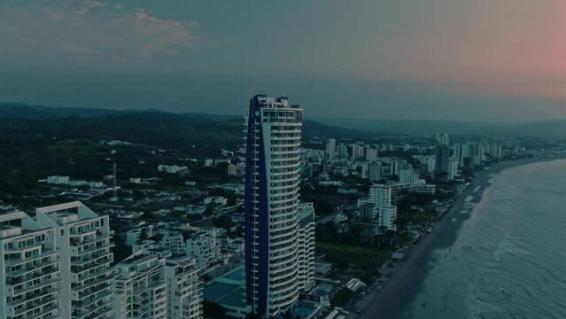 Aerial of Tonsupa beach at sunset in Ecuador.