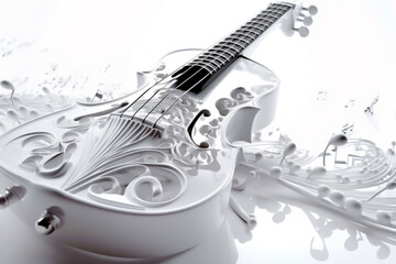 Illustration of a white guitar in white background, abstract, generative ai
