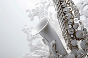 Illustration of a white saxophone in white background, generative ai