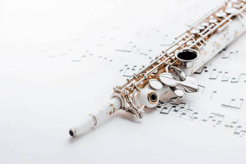Fototapeta premium Illustration of a clarinet in notes and white background, generative ai