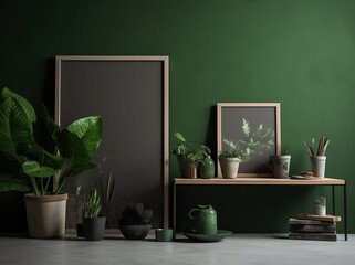 plant, picture frame, wall, green, living room, home decor, interior design. Generative AI.