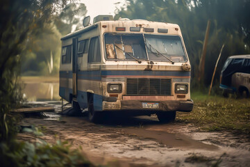 An abandoned motor home or camping truck, in the middle of dry land, generative ai