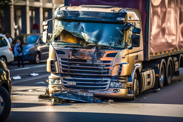 View of a truck damage following a collision, traffic accident, generative ai - obrazy, fototapety, plakaty