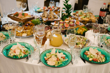 A set of Italian snacks for a buffet. A variety of cheeses, Caesar salad with a beautiful serving
