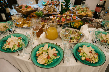 A set of Italian snacks for a buffet. A variety of cheeses, Caesar salad with a beautiful serving