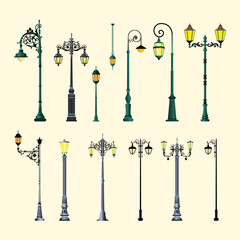 Set of realistic street light. Street lamp. Vintage lamp - obrazy, fototapety, plakaty