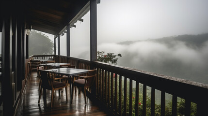 Restaurant balcony corner mountain view thick foggy clouds. Generative Ai.