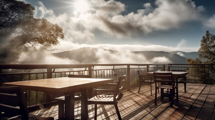 Naklejka premium Restaurant balcony corner mountain view thick foggy clouds. Generative Ai.