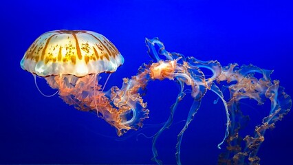 Closeup shot of a glowing jellyfish with tentacles