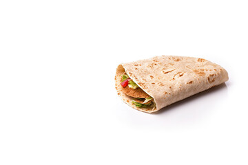 Delicious tortilla with meat and vegetables isolated on white background with copy space. Created with Generative AI Technology