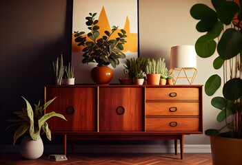 Mid century modern credenza with plant and decorations, natural light, art frame mock up. Generative AI