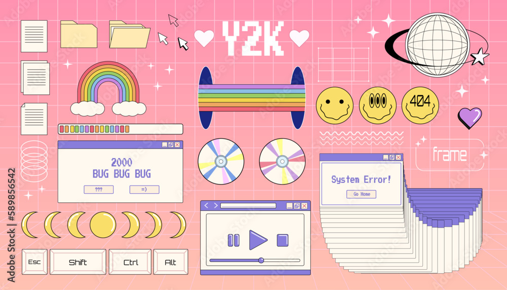 Poster set of y2k elements, group of vector objects in y2k style, nostalgic illustrations, technologic obje