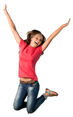 Teenage girl jumping  on white background